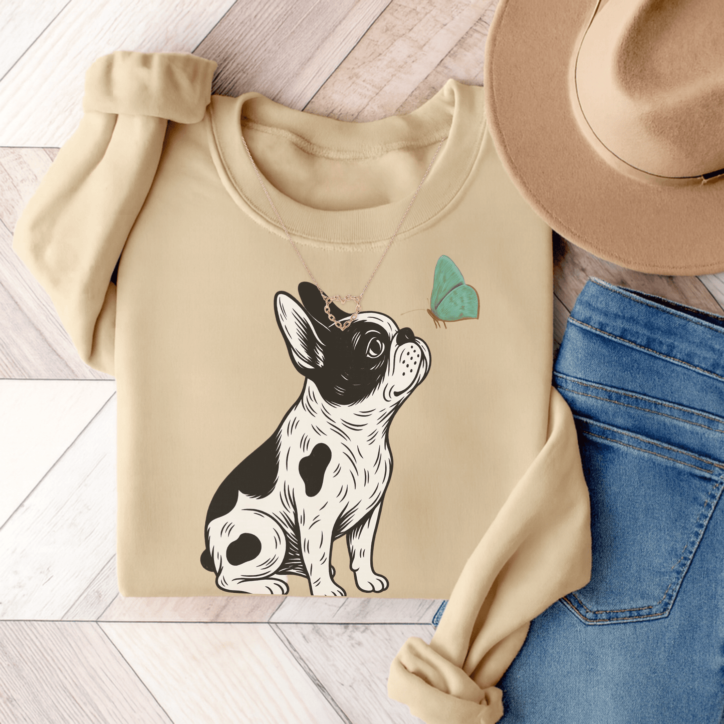Piebald Frenchie Butterflies Sweatshirt Sand
