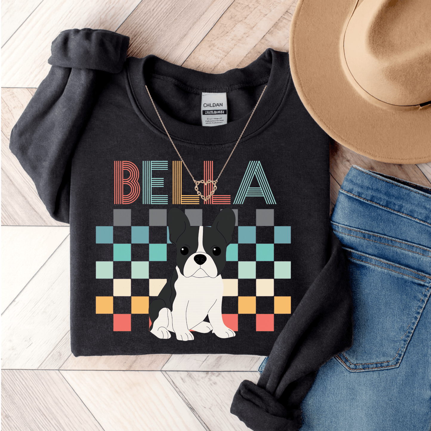 Piebald Frenchie Checkered Sweatshirt Dark Heather