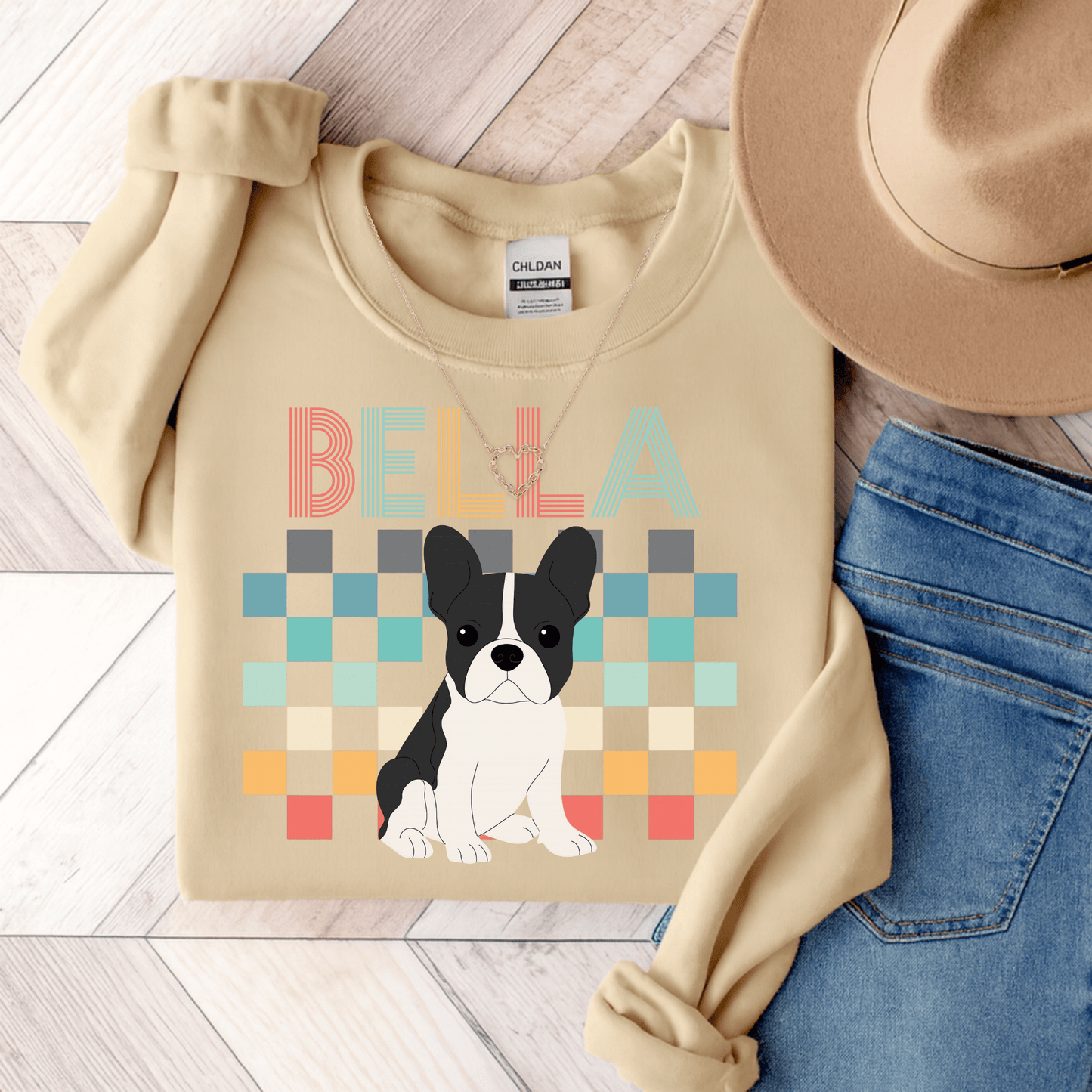 Piebald Frenchie Checkered Sweatshirt Sand