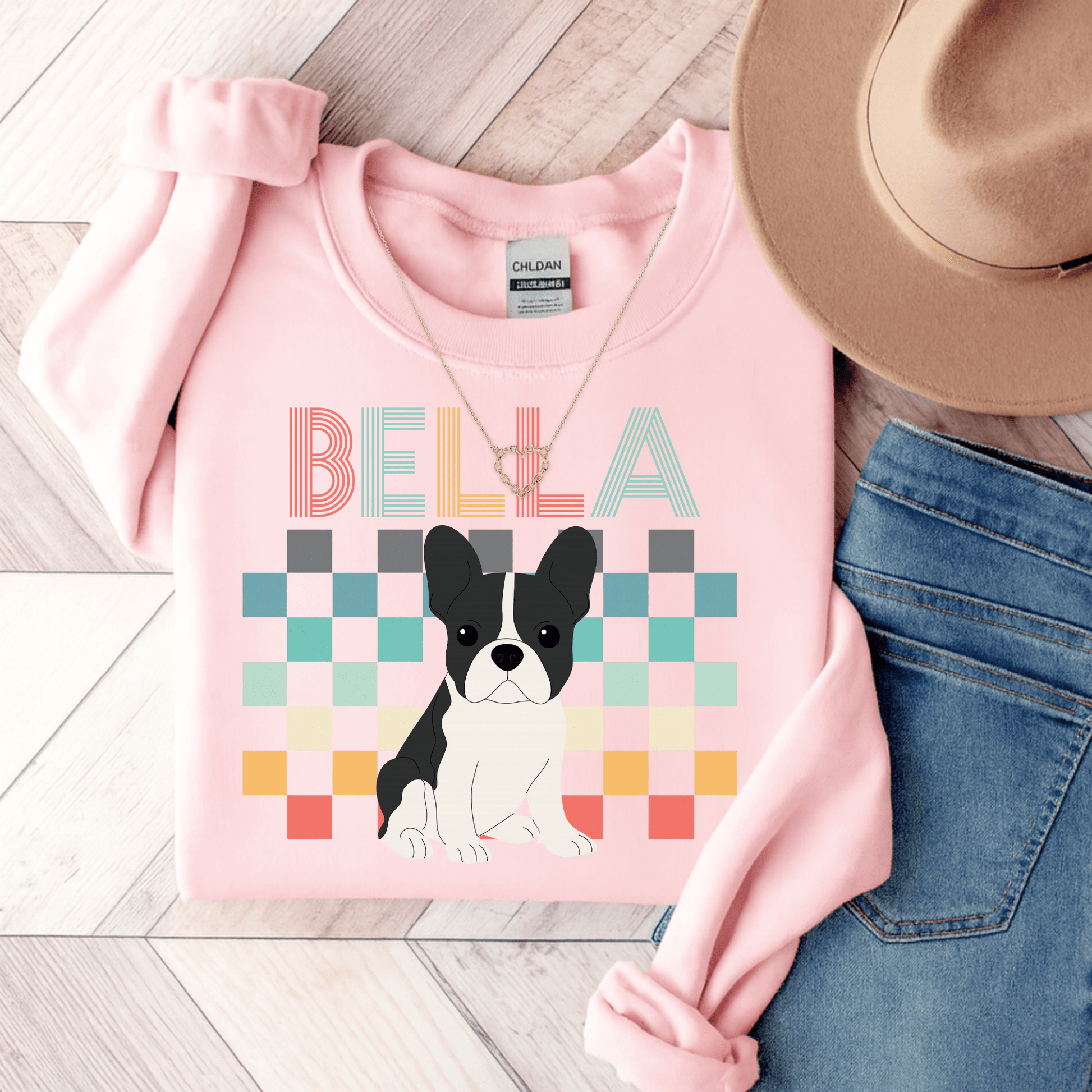 Piebald Frenchie Checkered Sweatshirt Light Pink