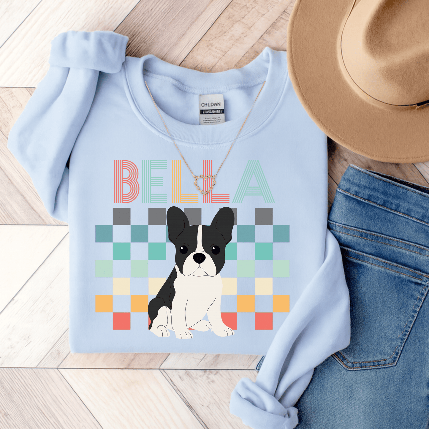 Piebald Frenchie Checkered Sweatshirt Light Blue