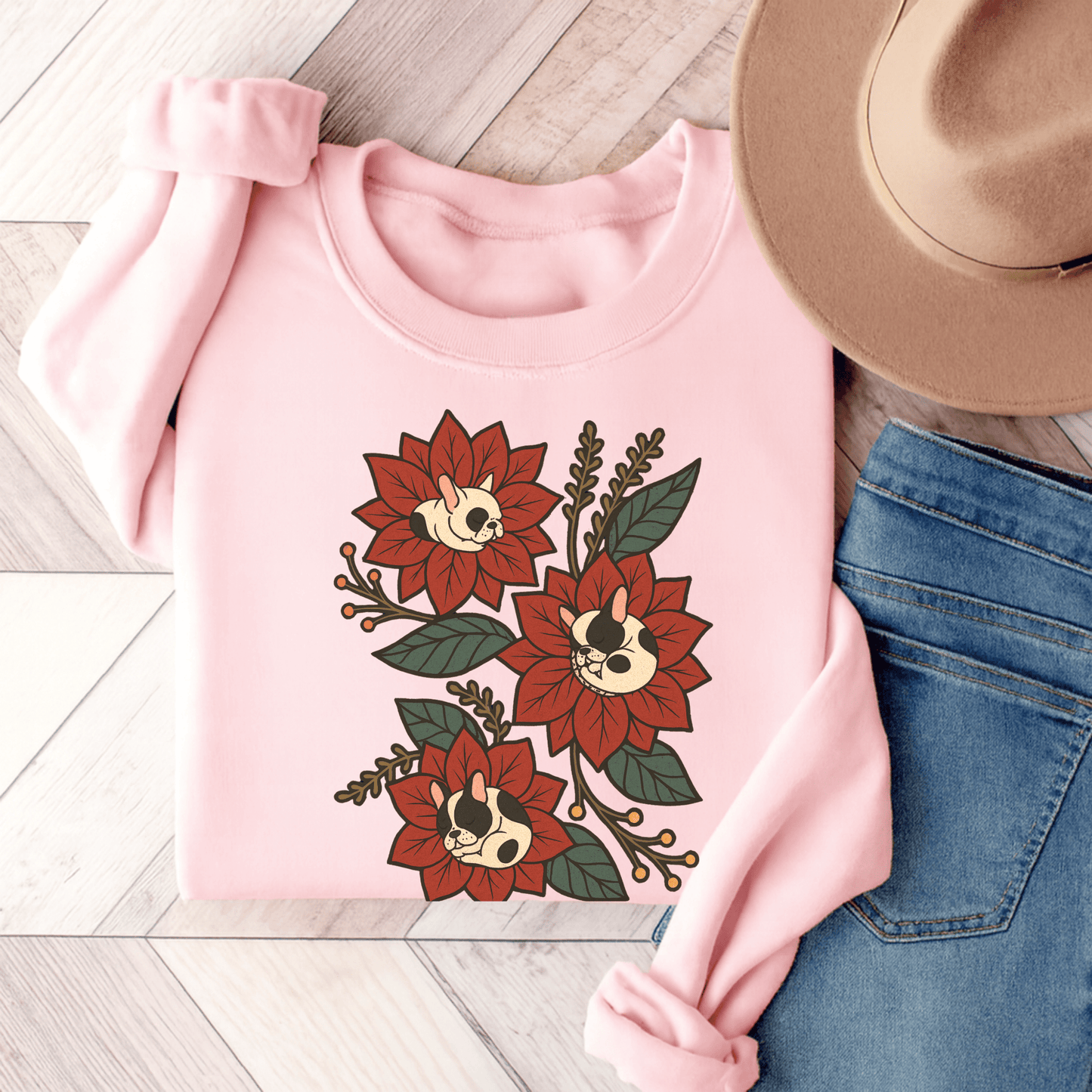 Piebald Frenchie Christmas Flower Sweatshirt Light Pink