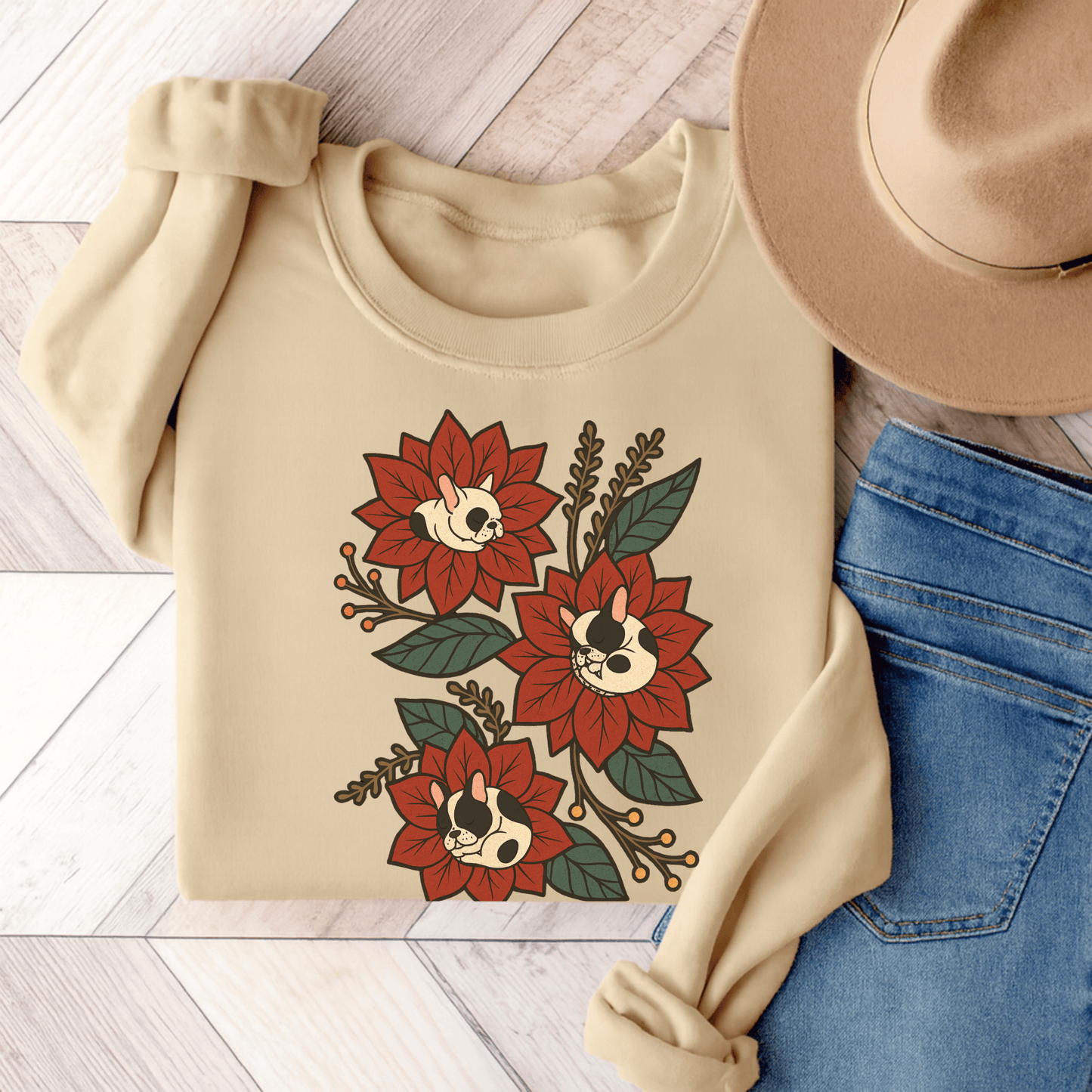 Piebald Frenchie Christmas Flower Sweatshirt Sand