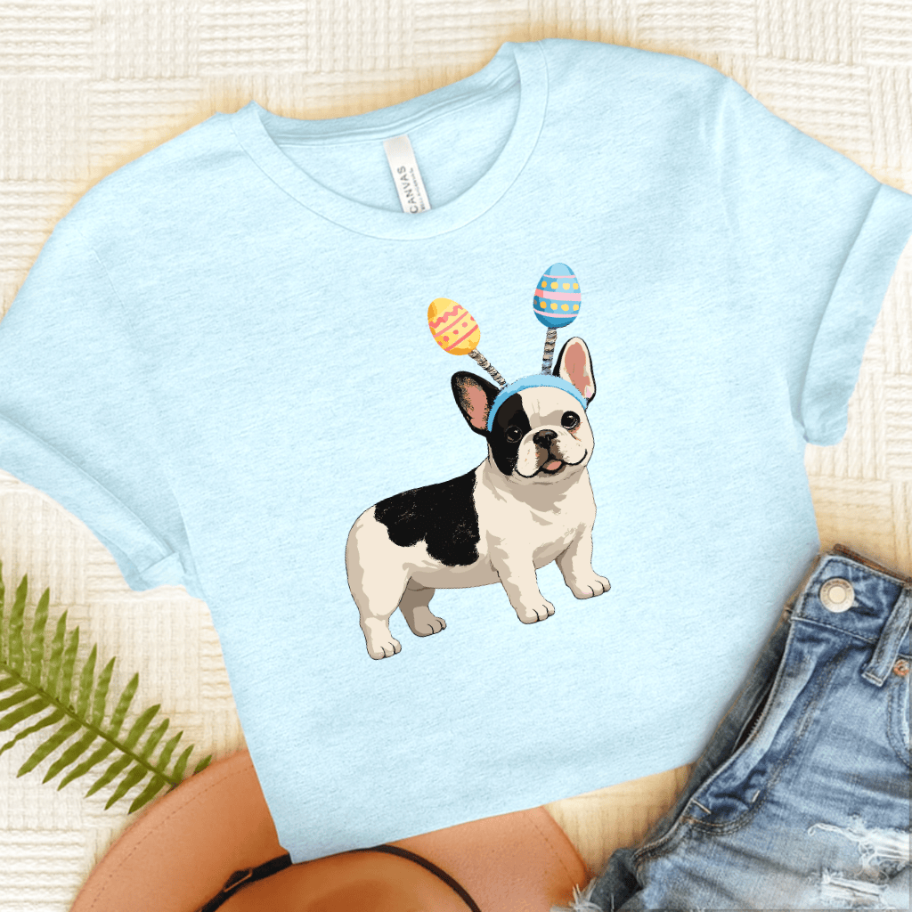 Piebald Frenchie Funny Easter Eggs Unisex TShirt Heather Ice Blue