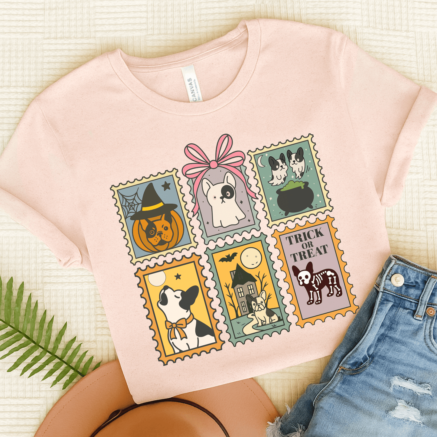 Piebald Frenchie Halloween Stamps TShirt Soft Pink