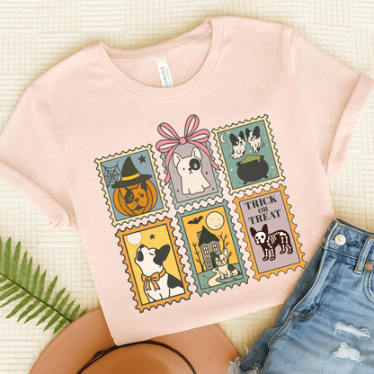 Piebald Frenchie Halloween Stamps TShirt Soft Pink