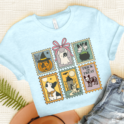 Piebald Frenchie Halloween Stamps TShirt Heather Ice Blue