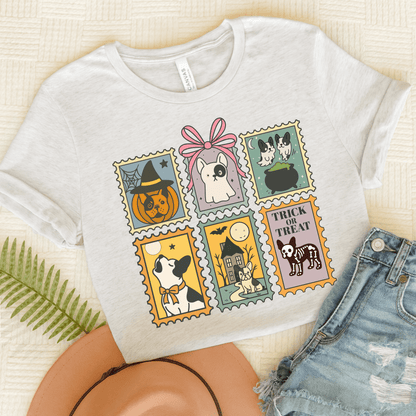 Piebald Frenchie Halloween Stamps TShirt Ash