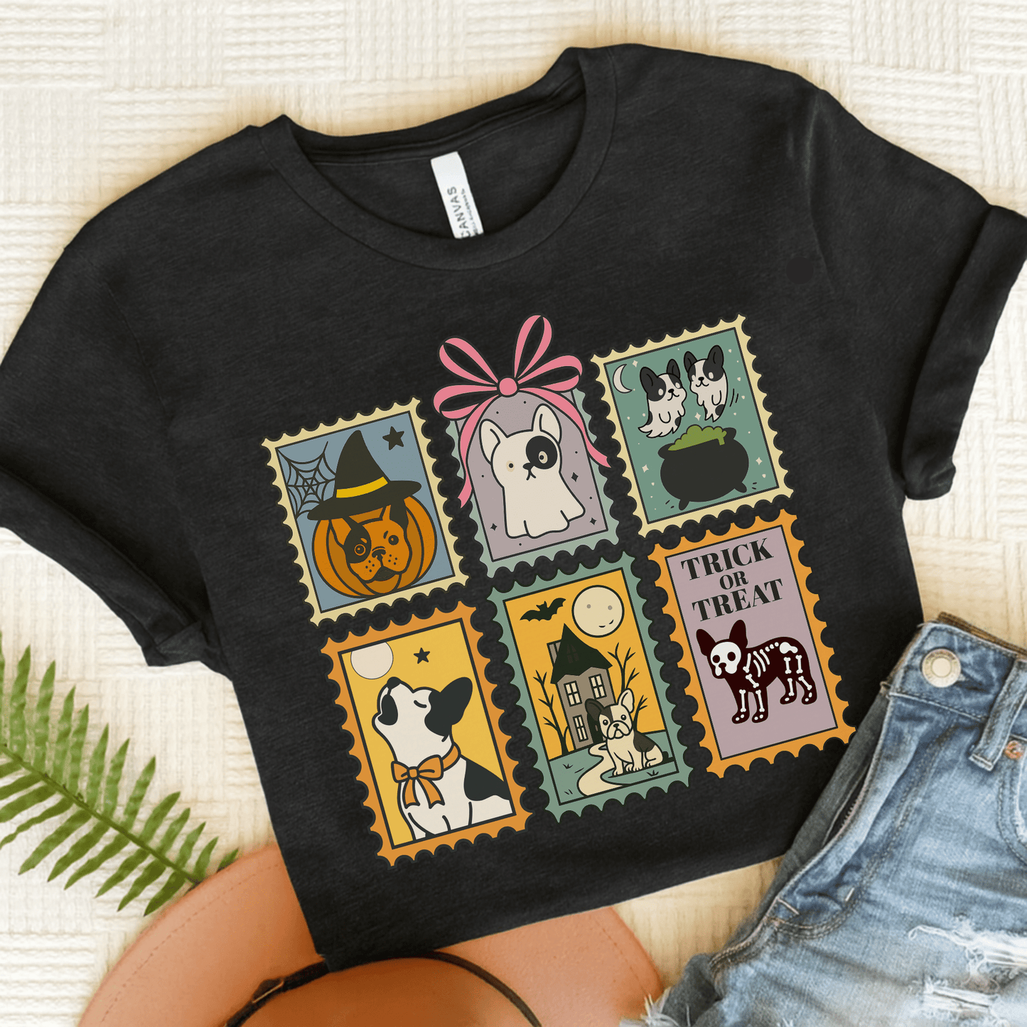 Piebald Frenchie Halloween Stamps TShirt Black Heather