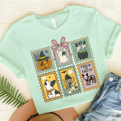 Piebald Frenchie Halloween Stamps TShirt Heather Mint