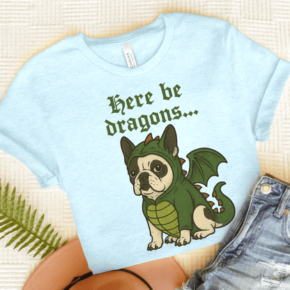 Piebald Frenchie Here Be Dragons TShirt Heather Ice Blue