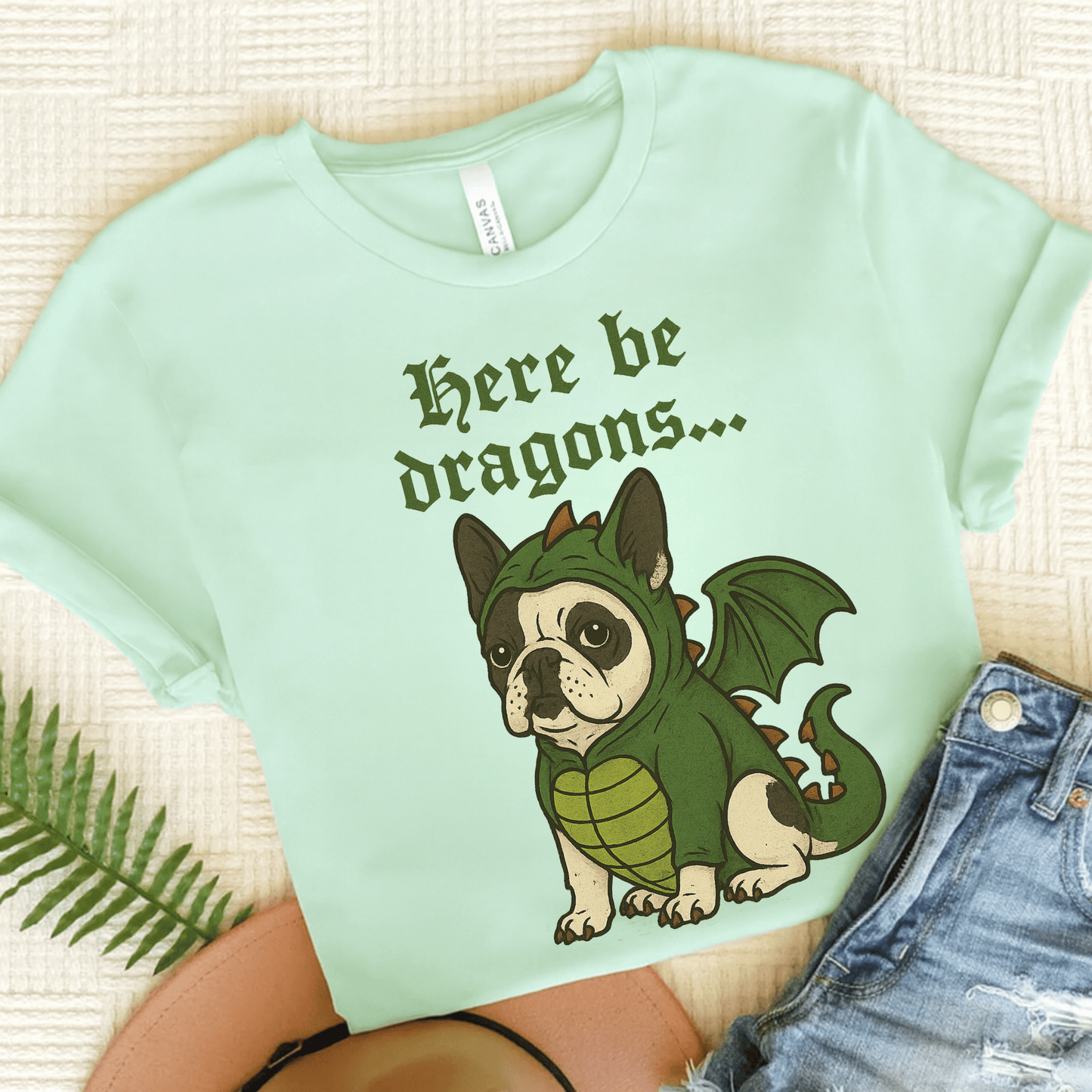 Piebald Frenchie Here Be Dragons TShirt Heather Mint