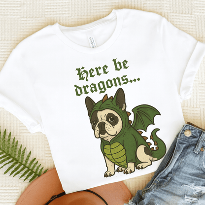 Piebald Frenchie Here Be Dragons TShirt White