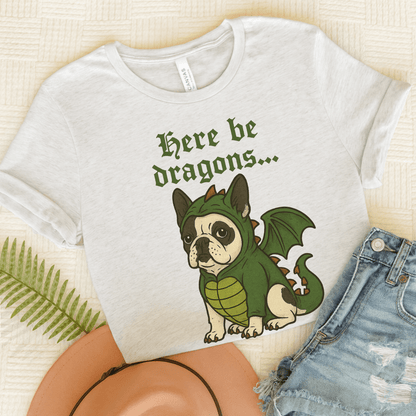 Piebald Frenchie Here Be Dragons TShirt Ash