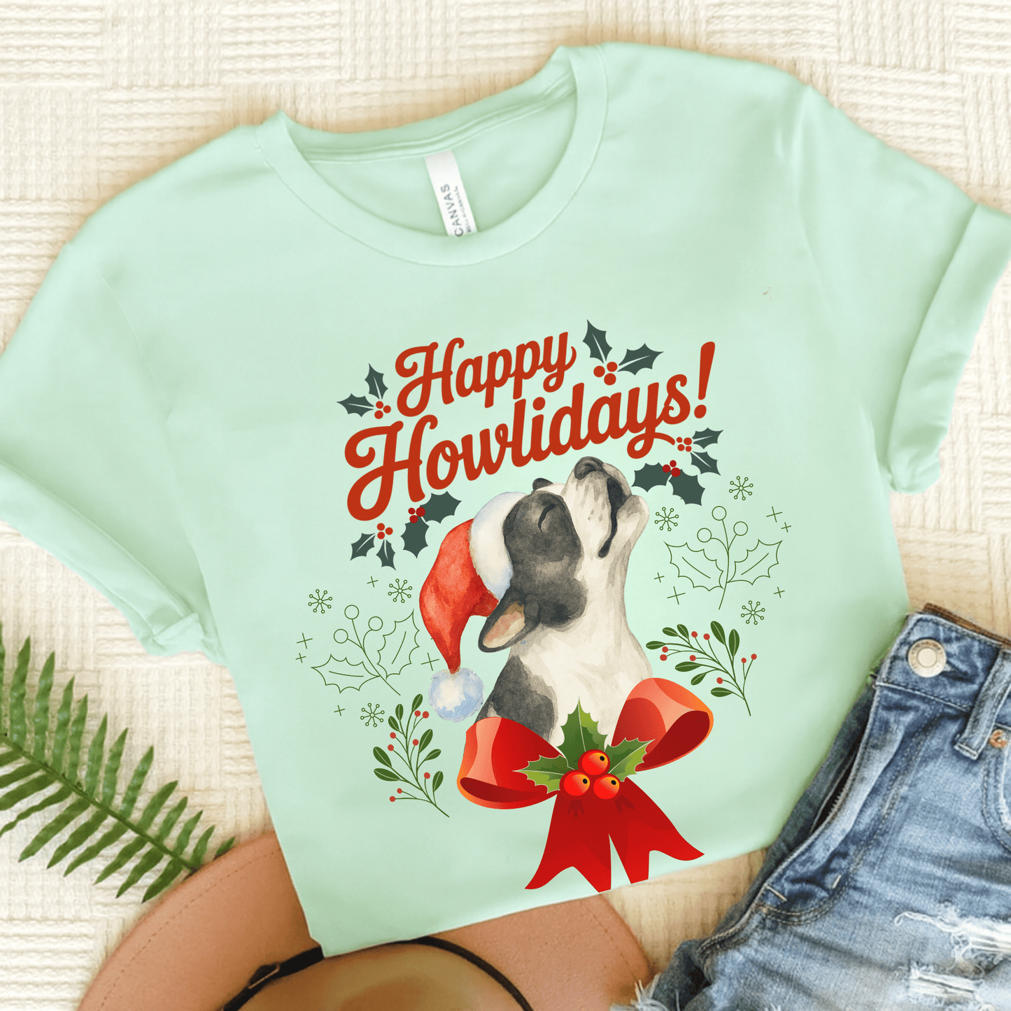 Piebald Frenchie Howlidays TShirt Heather Mint
