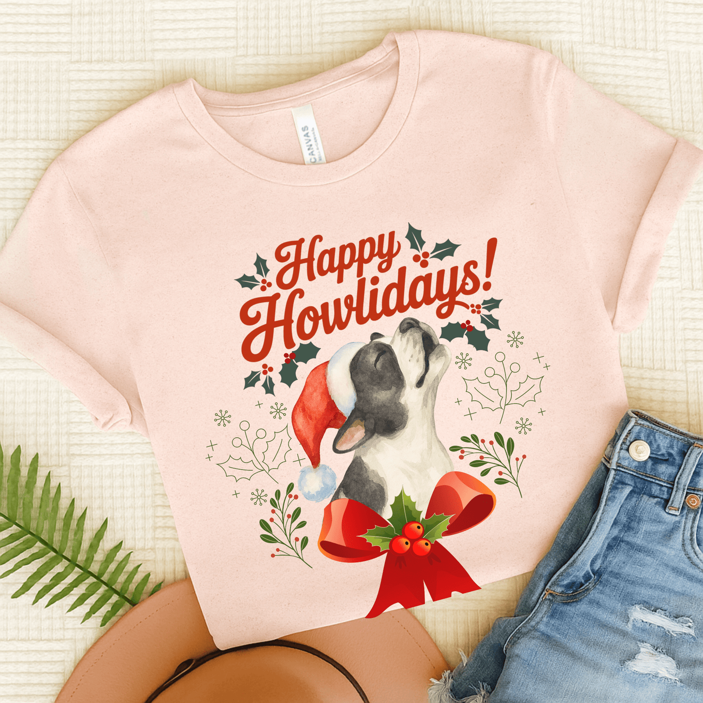 Piebald Frenchie Howlidays TShirt Soft Pink