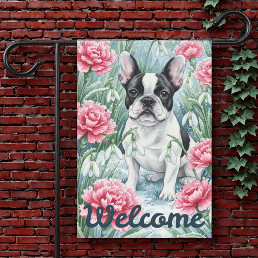 Piebald Frenchie January Birthday Flower Garden Yard Flag 12'' × 18''
