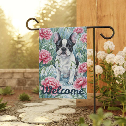 Piebald Frenchie January Birthday Flower Garden Yard Flag