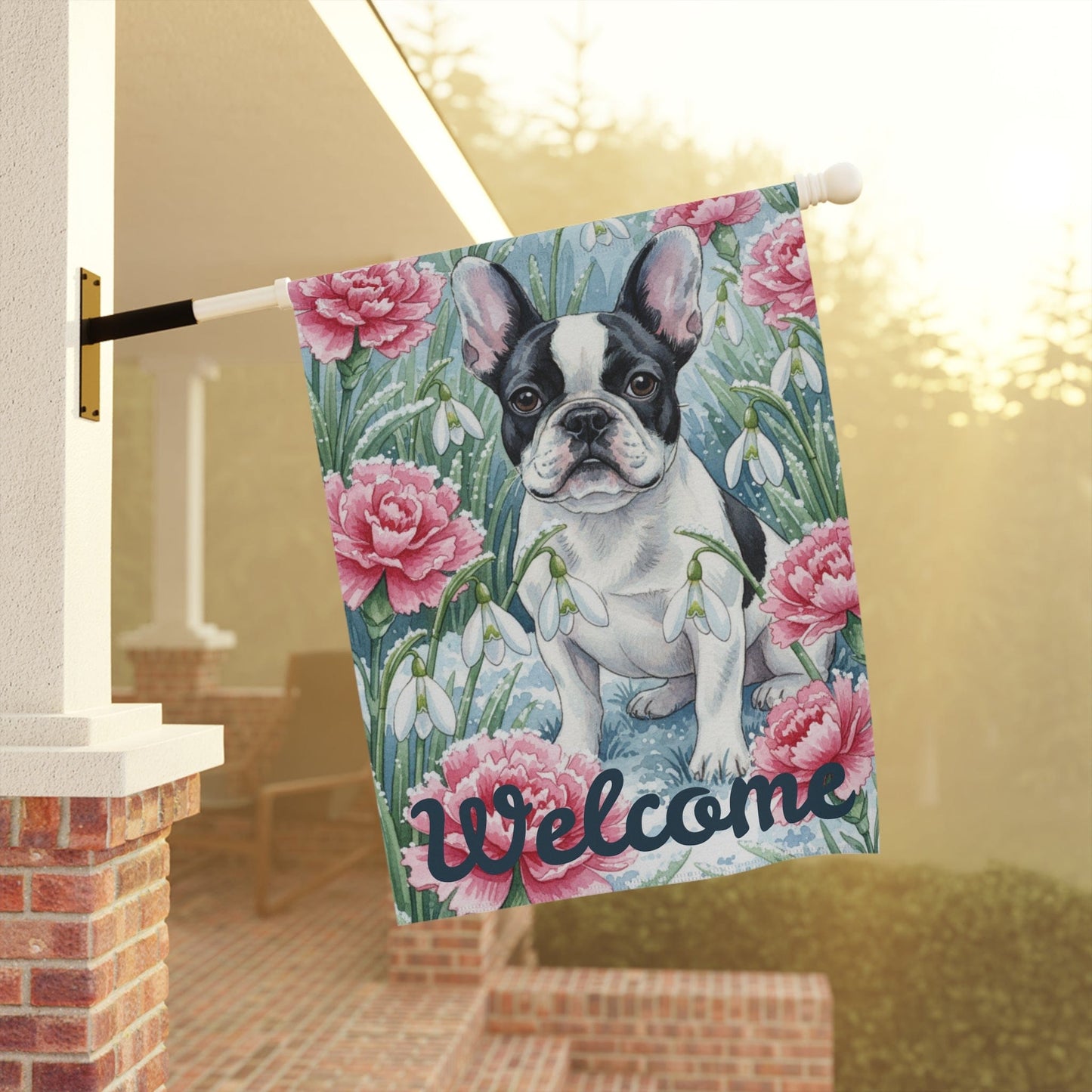 Piebald Frenchie January Birthday Flower Garden Yard Flag