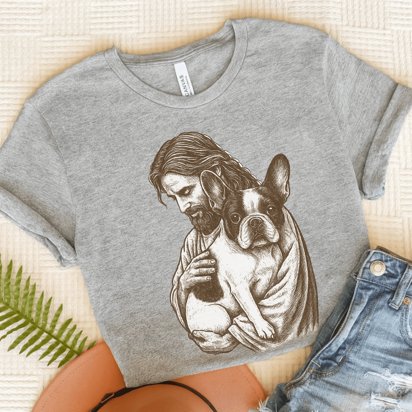 Piebald Frenchie Jesus TShirt Athletic Heather