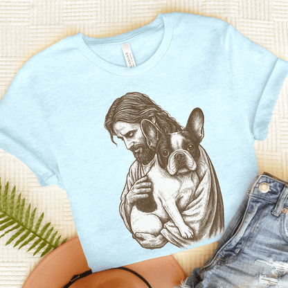 Piebald Frenchie Jesus TShirt Heather Ice Blue