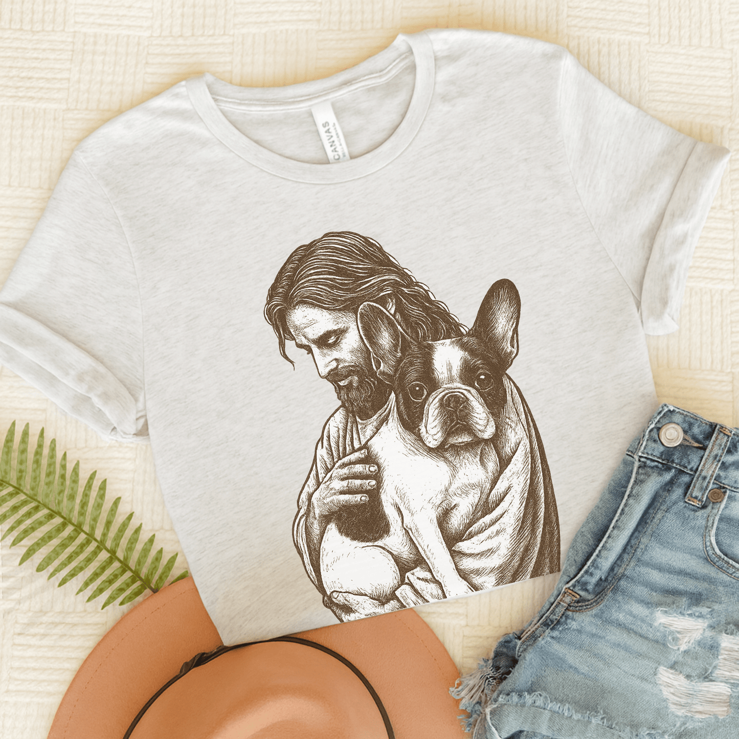 Piebald Frenchie Jesus TShirt Ash