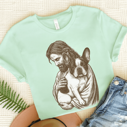 Piebald Frenchie Jesus TShirt Heather Mint