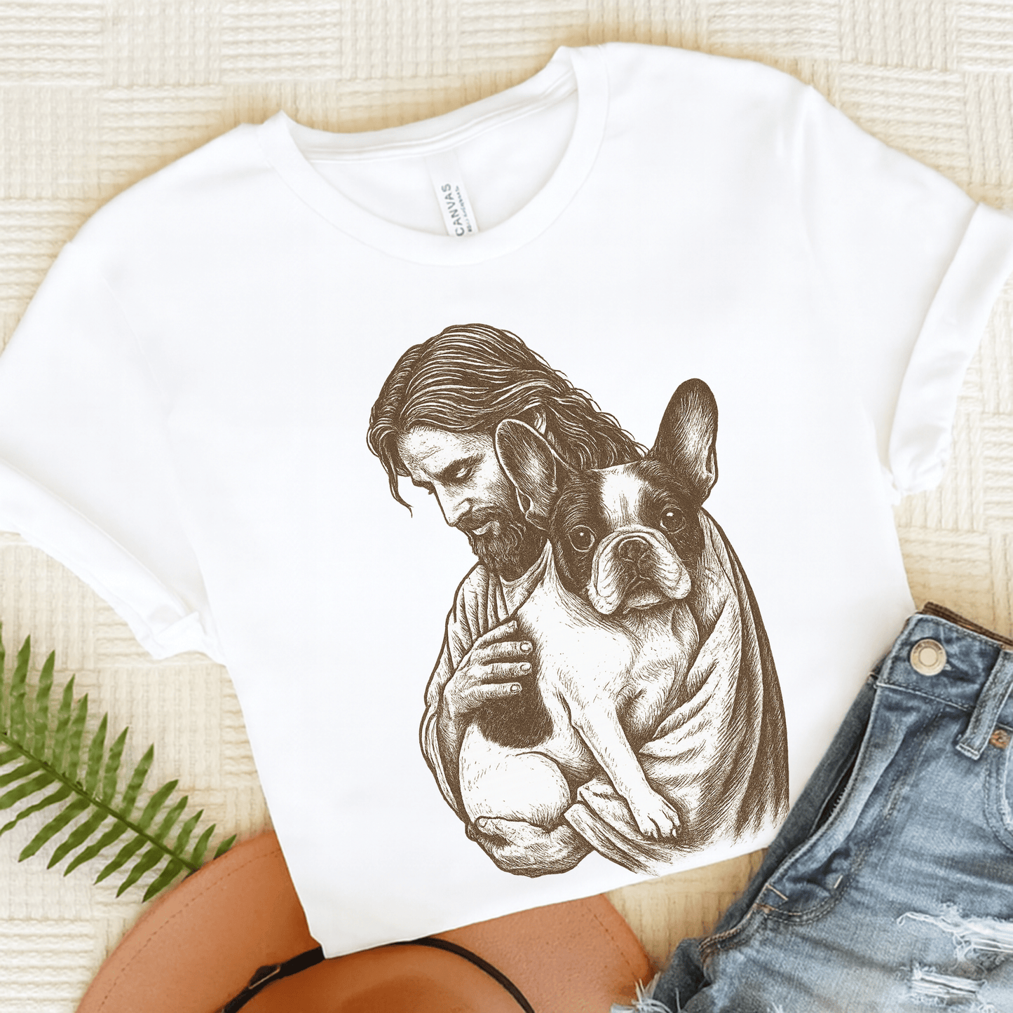 Piebald Frenchie Jesus TShirt White