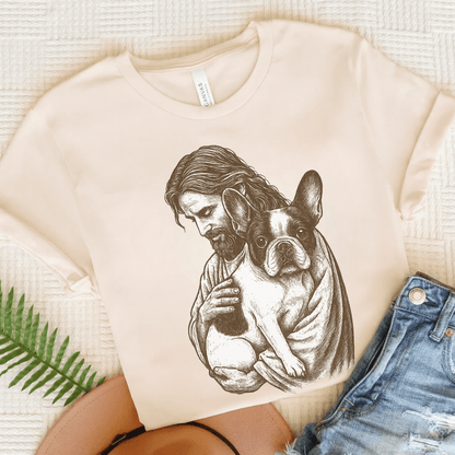 Piebald Frenchie Jesus TShirt Natural