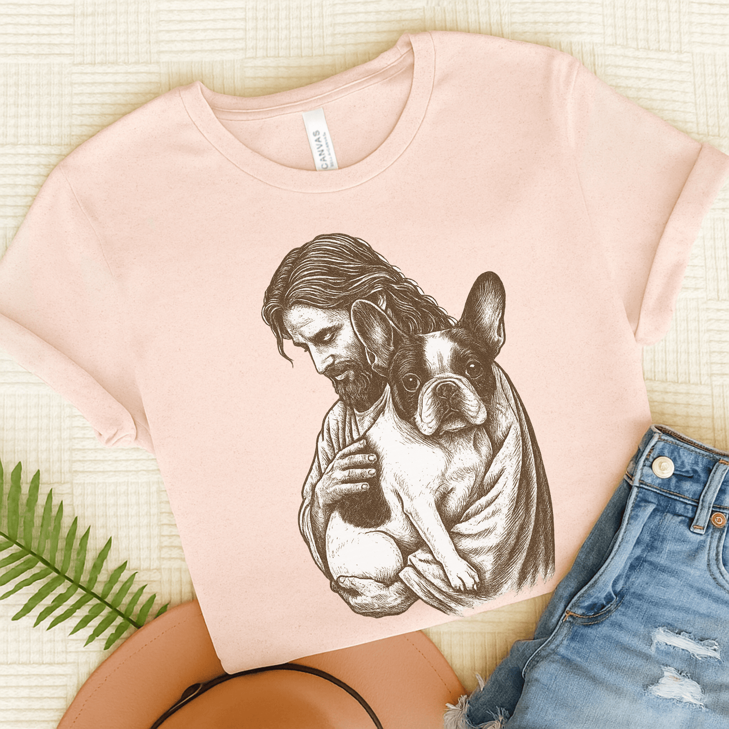 Piebald Frenchie Jesus TShirt Soft Pink