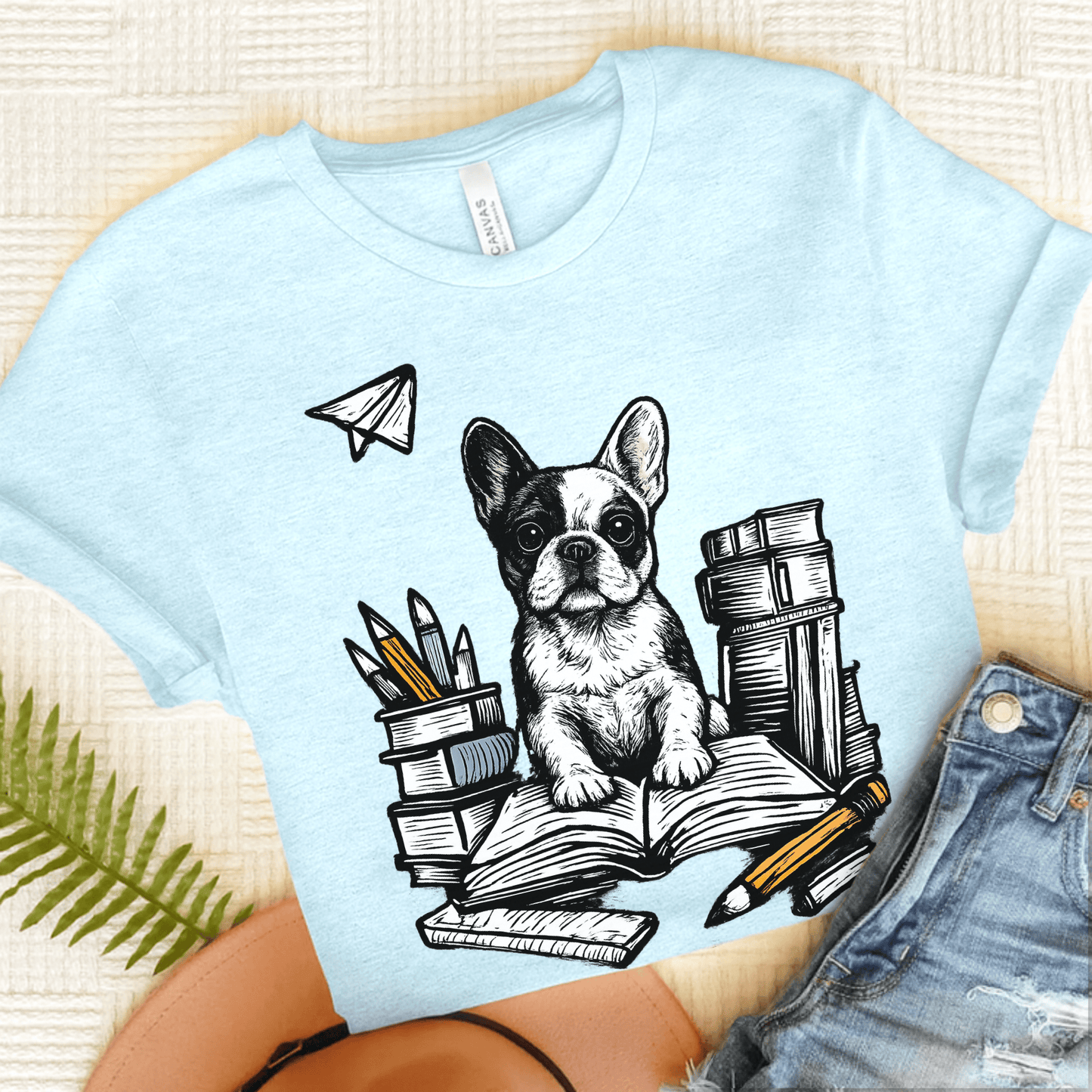 Piebald Frenchie Linocut 1st Day of School Unisex TShirt Heather Ice Blue