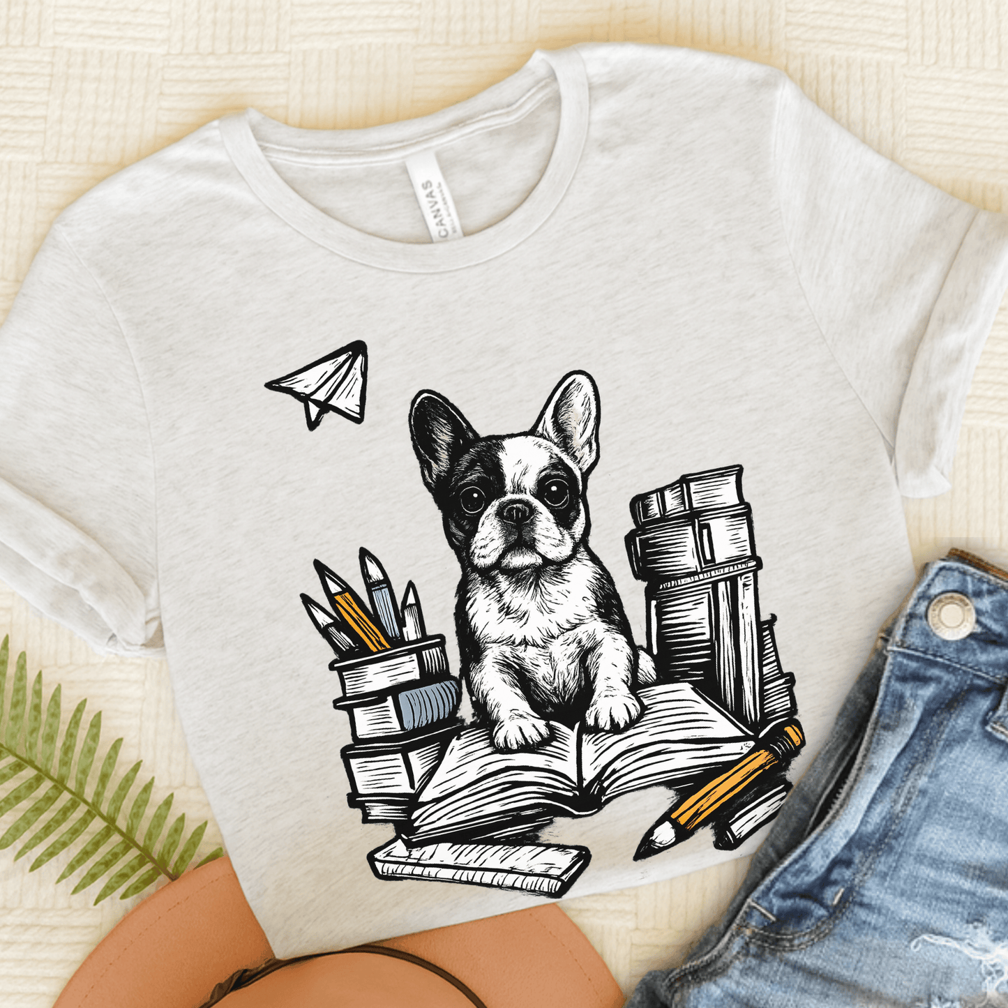 Piebald Frenchie Linocut 1st Day of School Unisex TShirt Ash