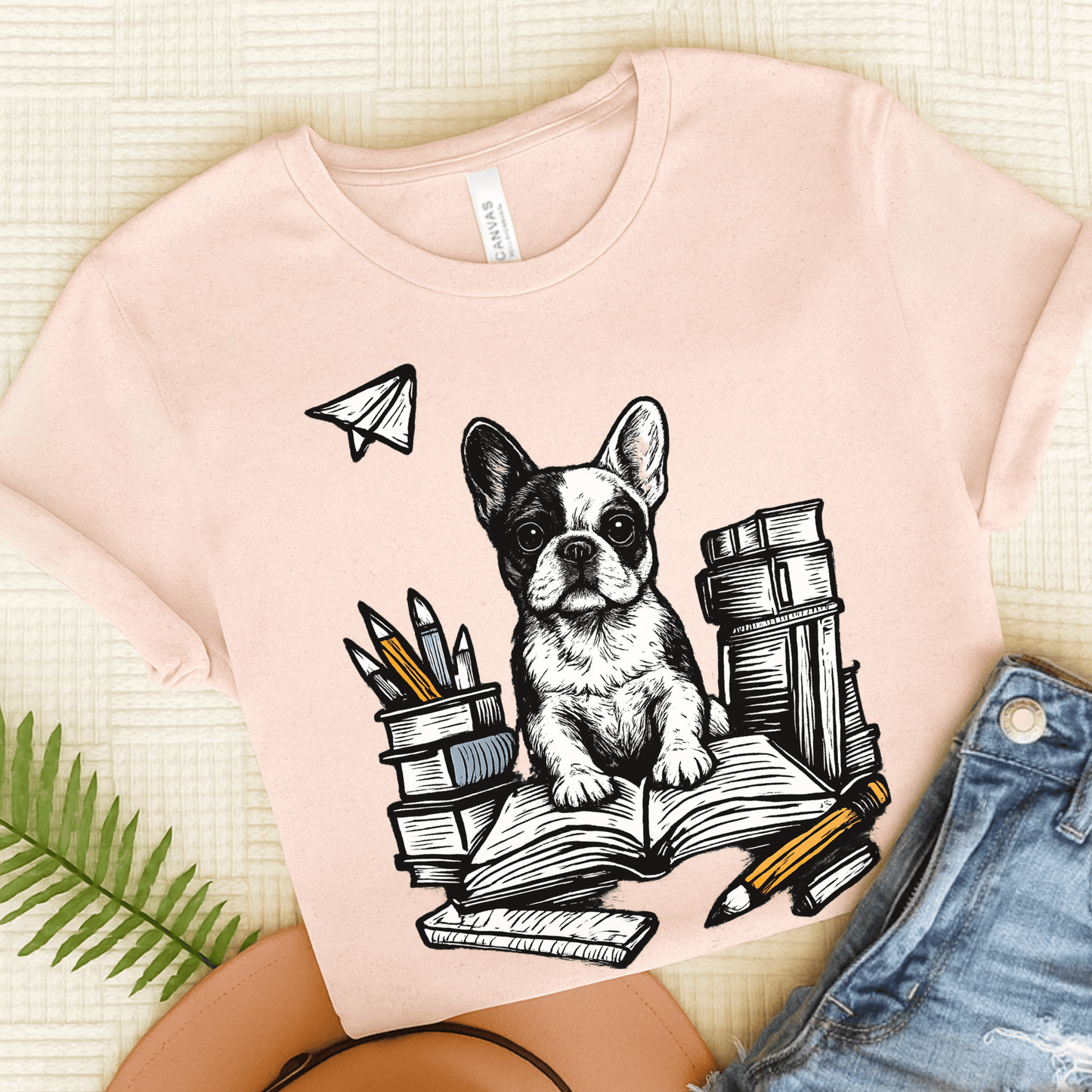 Piebald Frenchie Linocut 1st Day of School Unisex TShirt Soft Pink