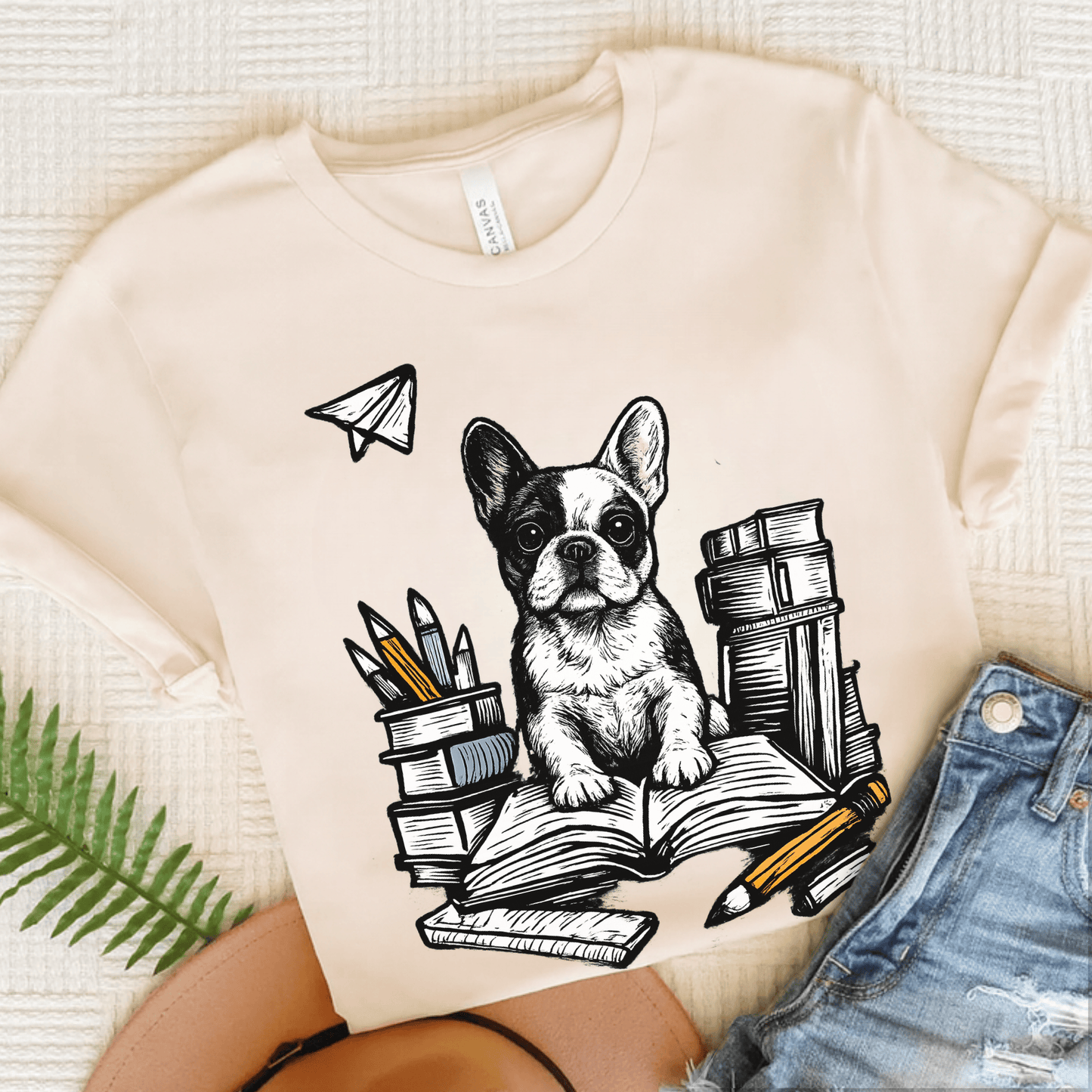 Piebald Frenchie Linocut 1st Day of School Unisex TShirt Natural
