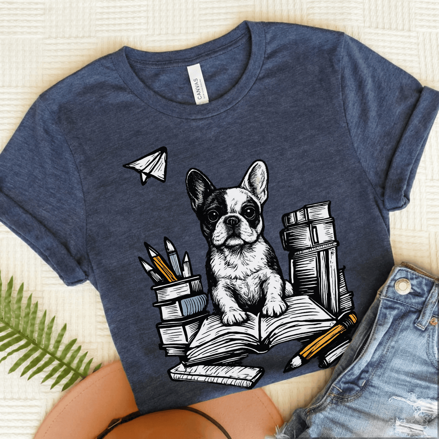 Piebald Frenchie Linocut 1st Day of School Unisex TShirt Heather Navy