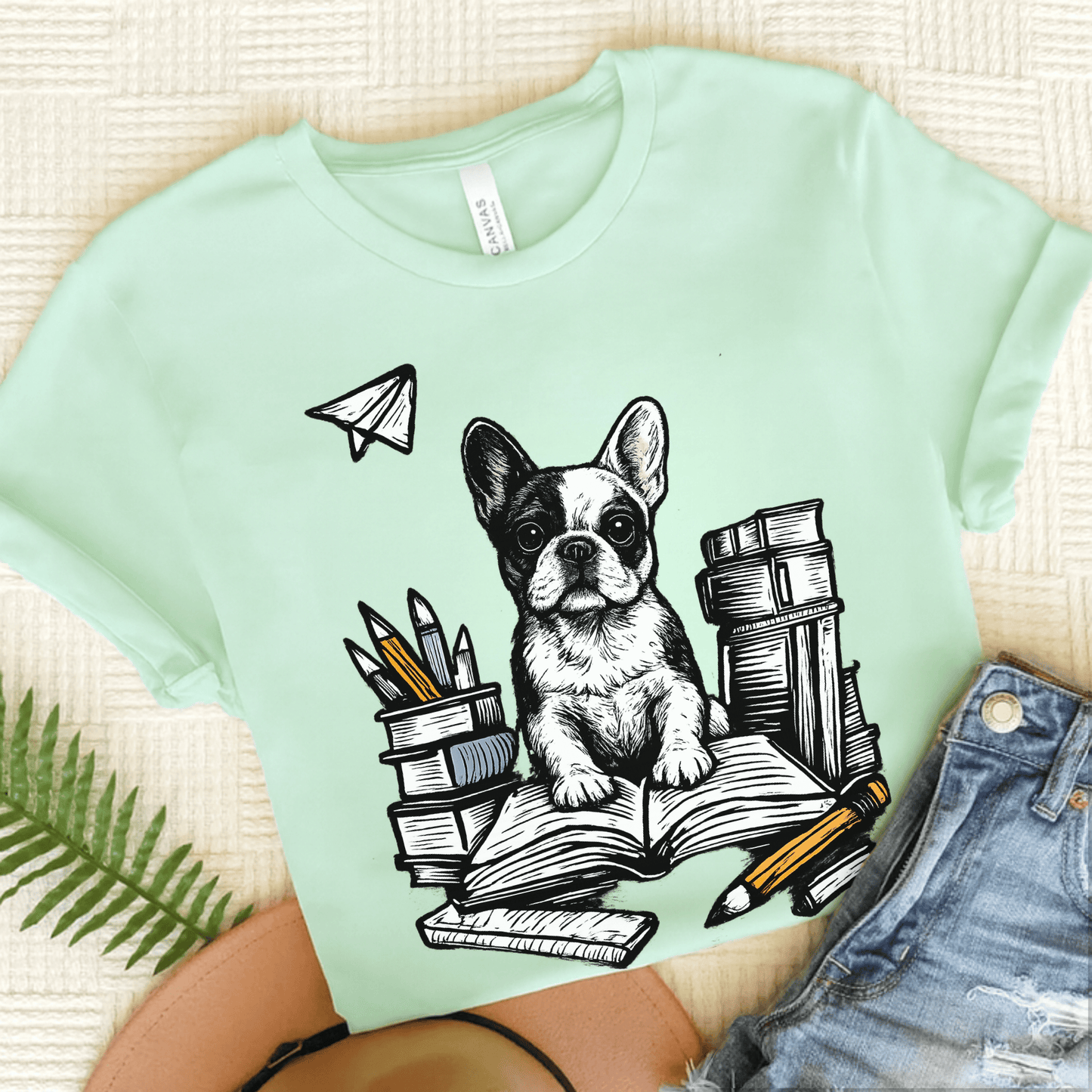 Piebald Frenchie Linocut 1st Day of School Unisex TShirt Heather Mint