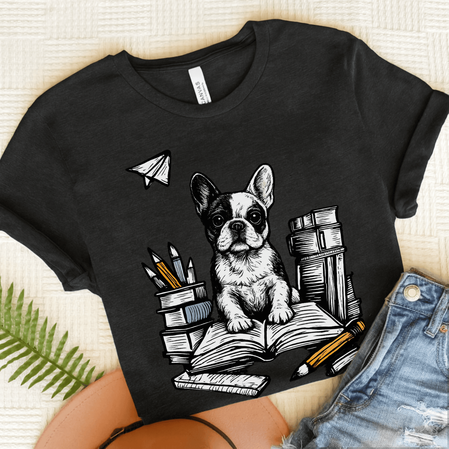 Piebald Frenchie Linocut 1st Day of School Unisex TShirt Dark Grey Heather