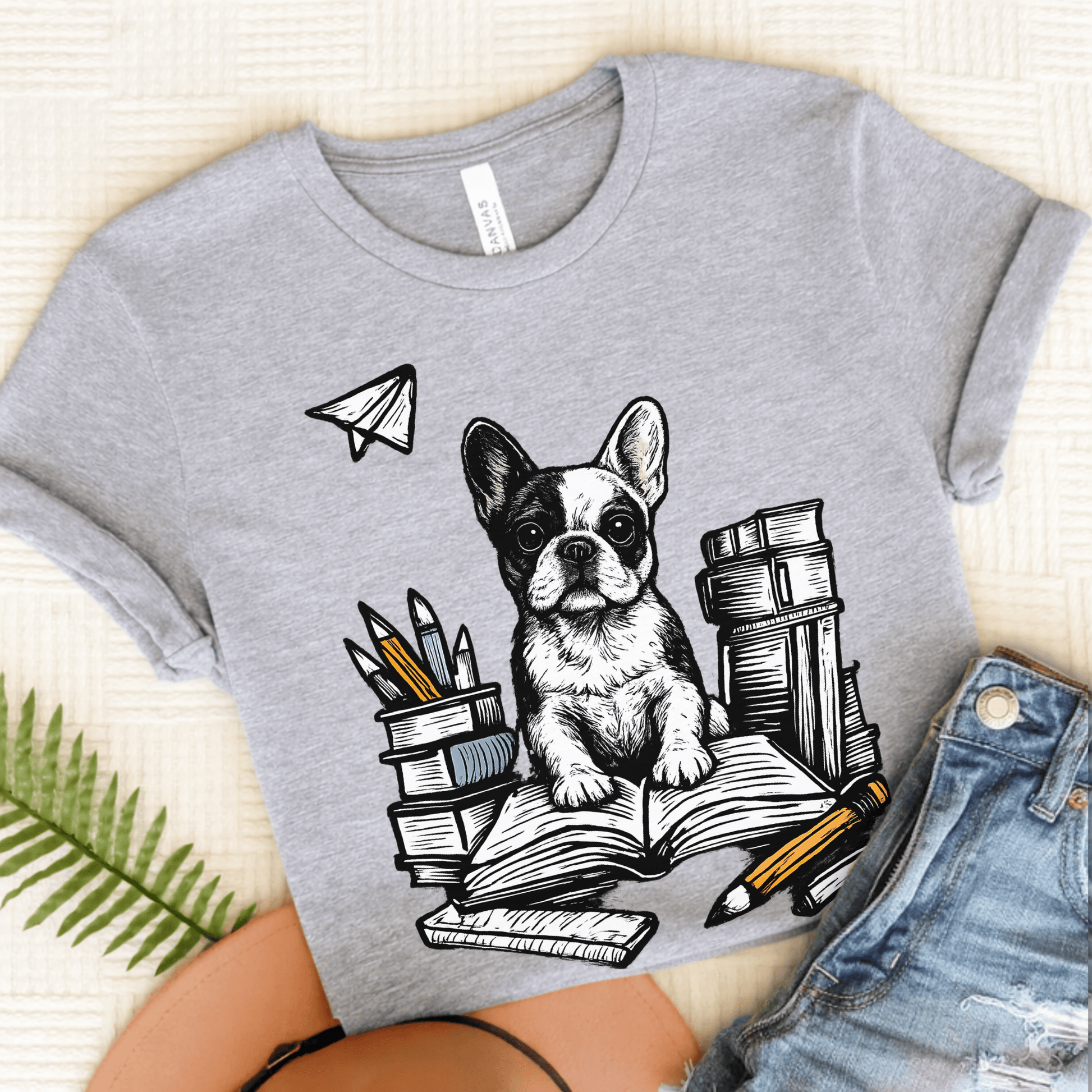 Piebald Frenchie Linocut 1st Day of School Unisex TShirt Athletic Heather