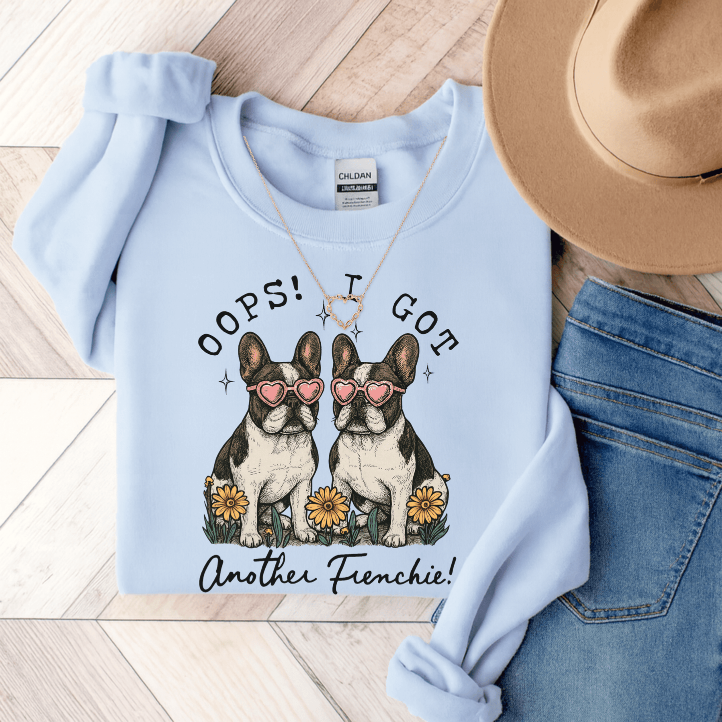 Piebald Frenchie Oops Sweatshirt Light Blue