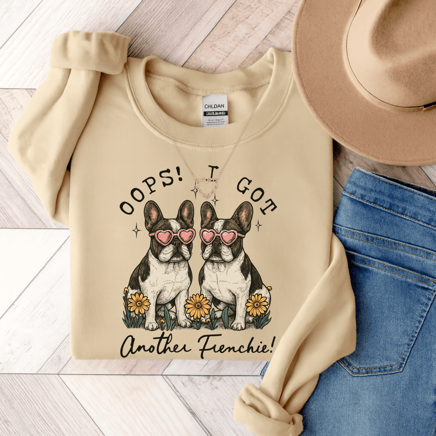Piebald Frenchie Oops Sweatshirt Sand