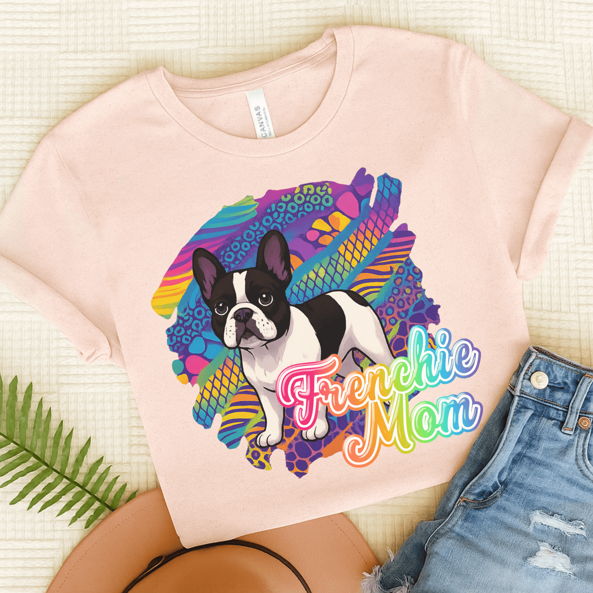 Piebald Frenchie Retro Neon Tshirt Soft Pink