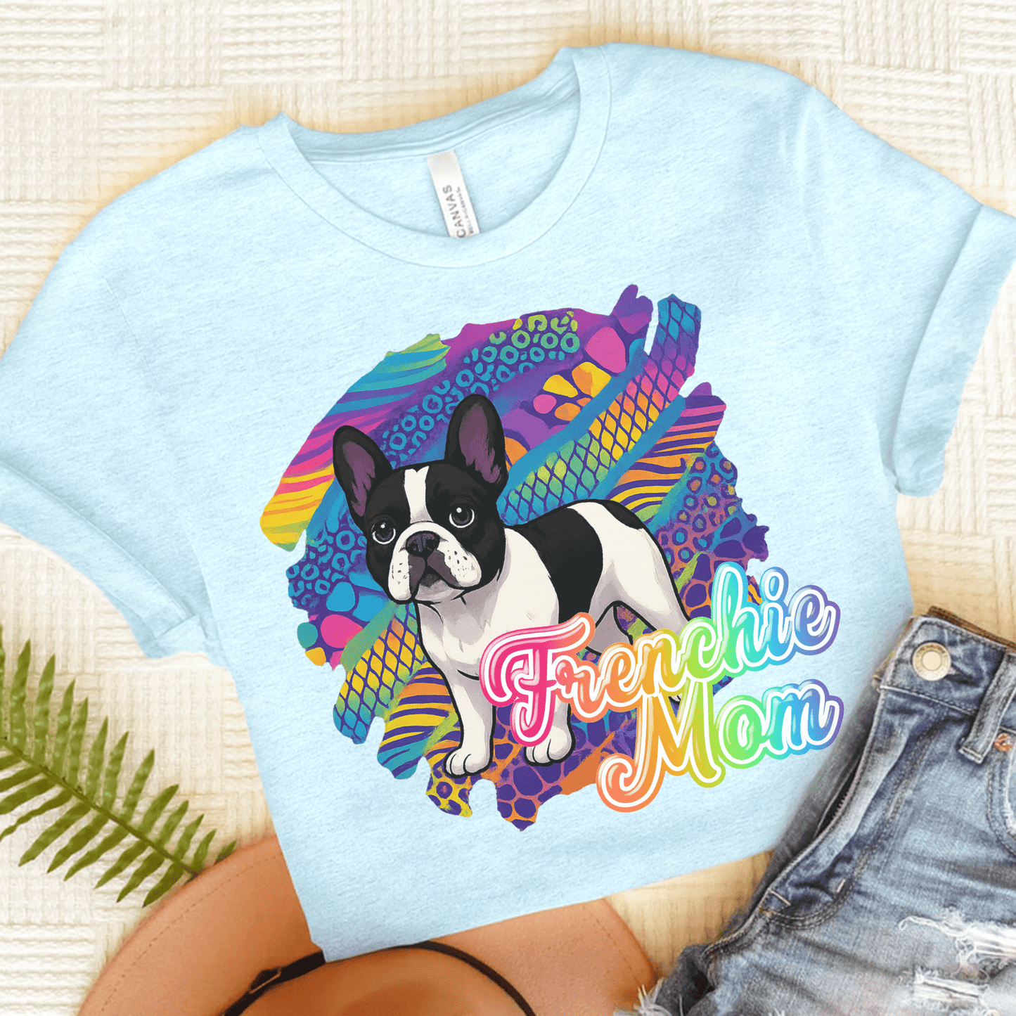 Piebald Frenchie Retro Neon Tshirt Heather Ice Blue