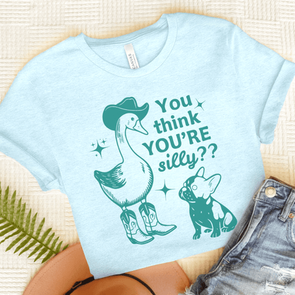 Piebald Frenchie Silly Goose Tshirt Heather Ice Blue