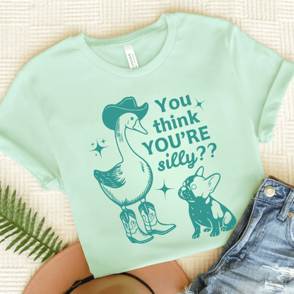 Piebald Frenchie Silly Goose Tshirt Heather Mint
