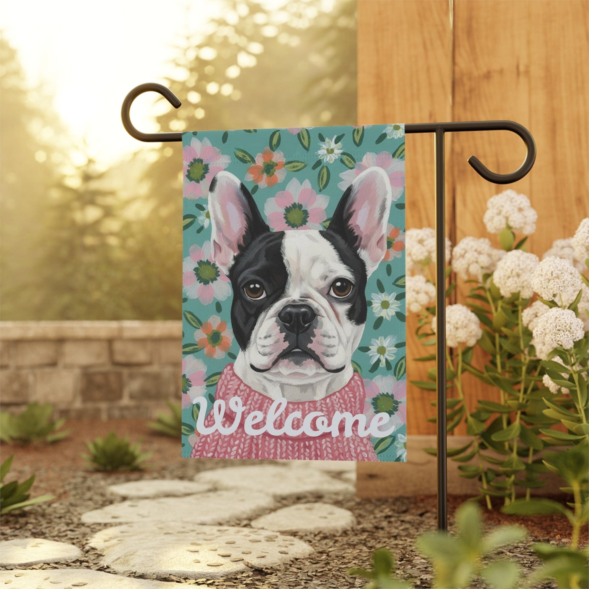 Piebald Frenchie Spring Flowers Garden Yard Flag