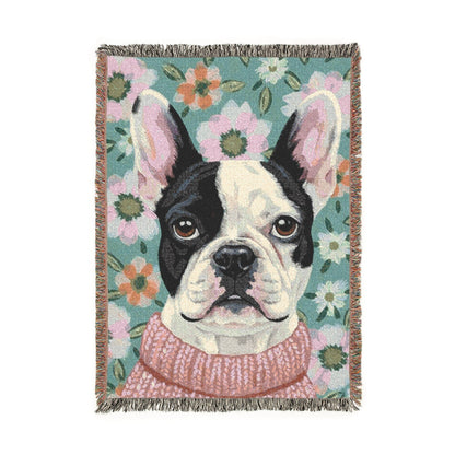 Piebald Frenchie Spring Flowers Woven Blanket