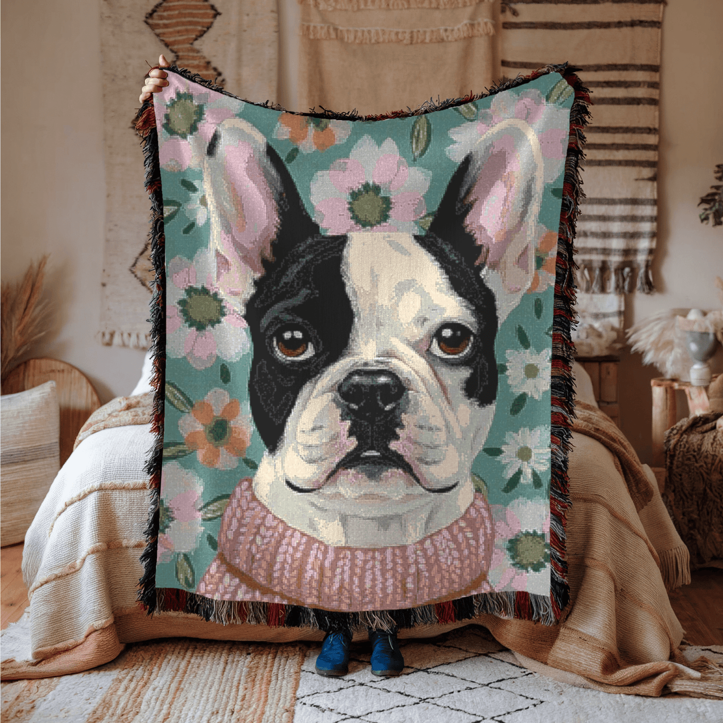 Piebald Frenchie Spring Flowers Woven Blanket