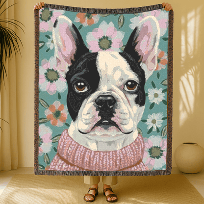 Piebald Frenchie Spring Flowers Woven Blanket