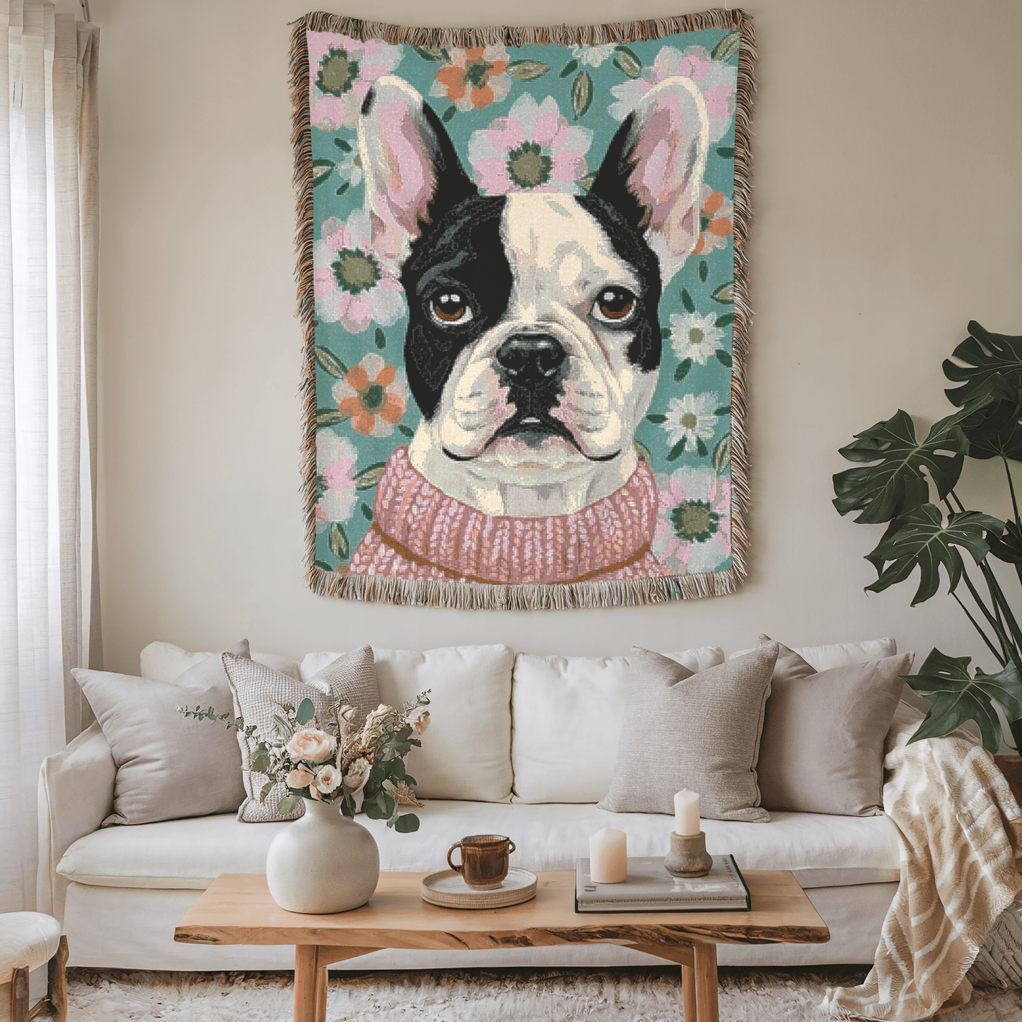 Piebald Frenchie Spring Flowers Woven Blanket
