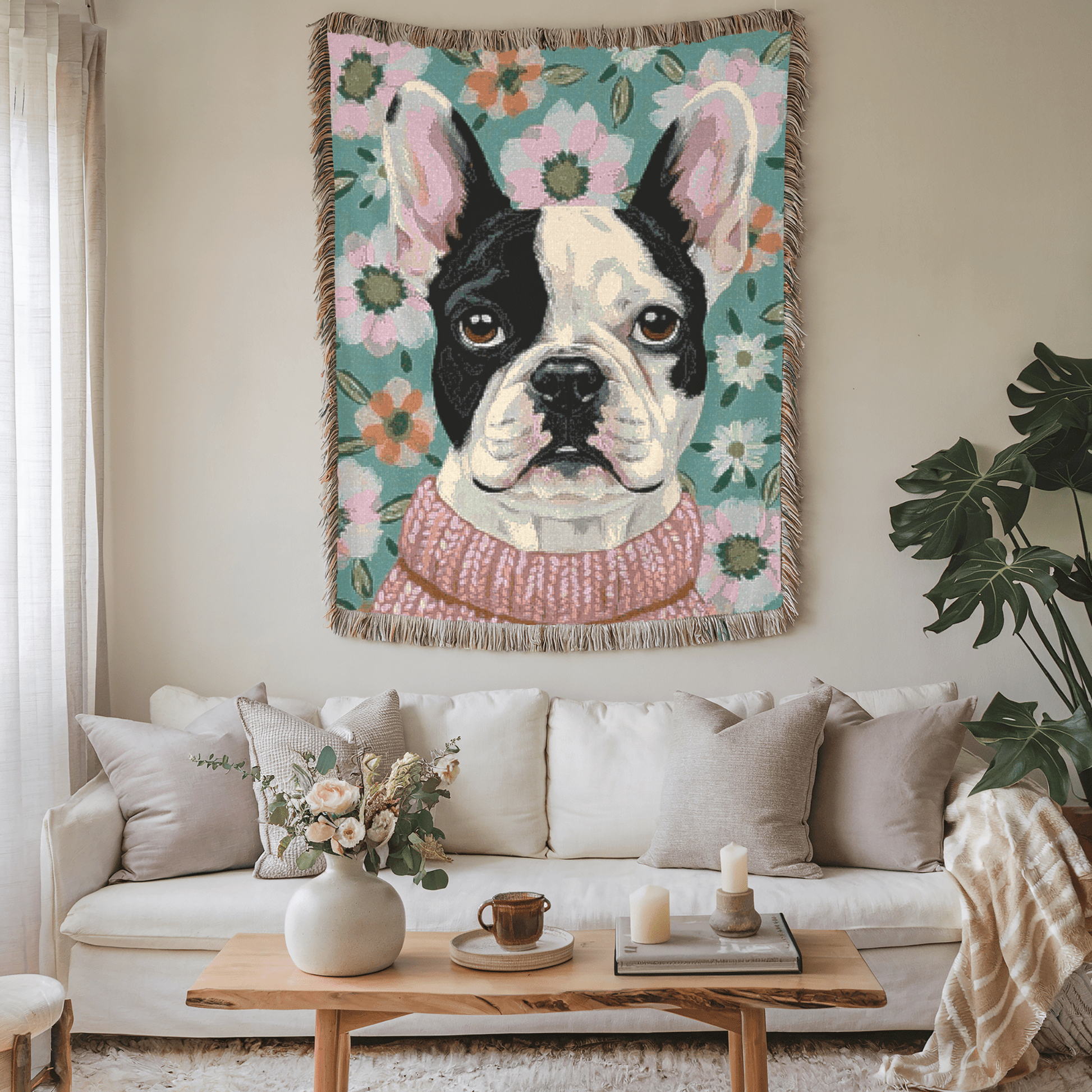 Piebald Frenchie Spring Flowers Woven Blanket